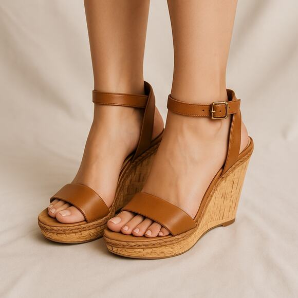 ALDO Women’s 7 Brown Cork Wedge Sandals Ankle Strap Platform Heel - Picture 1 of 8